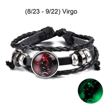 Load image into Gallery viewer, Virgo zodiac sign leather bracelet with red and green charms, stylish astrological jewelry for enhancing personal style.
