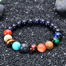 Load image into Gallery viewer, Handcrafted Eight Planets Natural Stone Bracelet with Blue Sand Stone, Red Agate, Tiger Eye, Lapis Lazuli on black gravel background.
