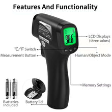 Load image into Gallery viewer, eZthings Non Contact Forehead Thermometer with LCD display, showing features like memory settings and human/object mode.
