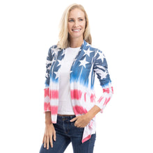 Load image into Gallery viewer, Women&#39;s Stars and Stripes Cardigan, patriotic USA-themed design, tie-dye look, lightweight polyester, perfect for holiday celebrations.

