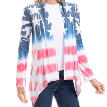 Load image into Gallery viewer, Women&#39;s Stars and Stripes Cardigan with patriotic tie-dye design, lightweight jacket for holidays like 4th of July and Memorial Day.
