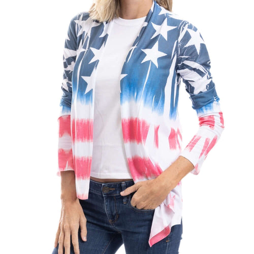 Women's Made in USA Stars and Stripes Cardigan, patriotic lightweight jacket with red, white, and blue tie-dye pattern.