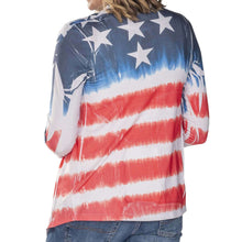 Load image into Gallery viewer, Women&#39;s patriotic stars and stripes cardigan, tie-dye look, lightweight jacket for Memorial Day, Veterans Day, 4th of July.
