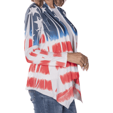 Load image into Gallery viewer, Women&#39;s Stars and Stripes Cardigan with patriotic tie-dye design, perfect for Memorial Day, Veterans Day, and the 4th of July.
