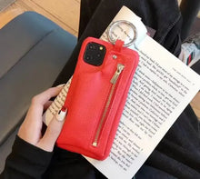 Load image into Gallery viewer, Red zipper PU leather wallet case for iPhone 11 with built-in functionality and stylish protection.
