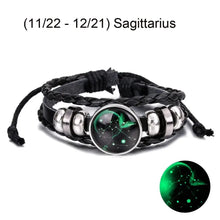 Load image into Gallery viewer, Sagittarius zodiac sign leather bracelet with green constellation design, featuring braided leather and metal accents for astrology lovers.
