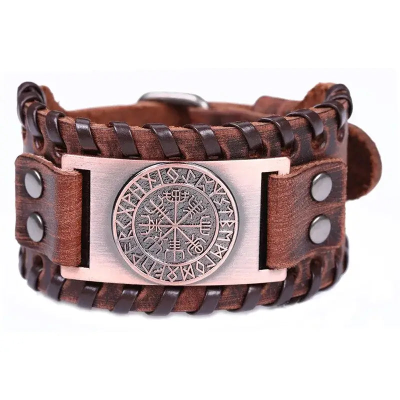 Retro wide leather pirate bracelet with compass