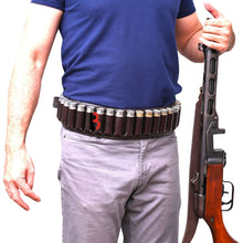 Load image into Gallery viewer, Man wearing Cowhide Leather Shotshell Bandolier Belt Shotgun Shell Belt Ammunition Carrier holding a rifle
