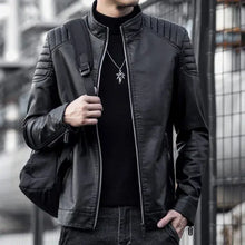 Load image into Gallery viewer, Men&#39;s motorcycle vegan leather jacket with stylish design, offering protection and fashion for bikers. Perfect for all weather riding.
