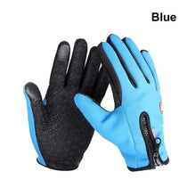 Cargar imagen en el visor de la galería, Blue waterproof winter gloves with phone touch feature, designed for warmth and protection against snow and moisture.
