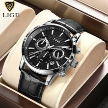 Load image into Gallery viewer, LIGE luxury men&#39;s watch with vegan leather strap, featuring fully functional chronograph and sub-dials, perfect for gifts.
