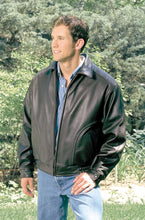 Load image into Gallery viewer, Man wearing REED Men&#39;s All American Bomber Leather Jacket, union made in USA, stylish and durable design.
