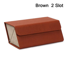 Cargar imagen en el visor de la galería, Brown 2-slot portable eyeglasses storage case in vegan polyurethane leather, ideal for stylish and safe eyewear organization.
