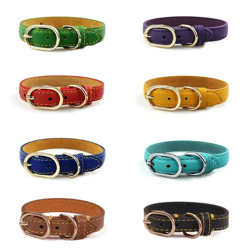 Various colored genuine leather dog collars for customization and durability, showcasing high-quality craftsmanship and style.