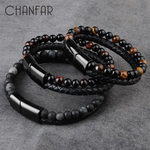 Genuine leather bracelet with natural stone accents, adding a touch of sophistication and elegance to any outfit.