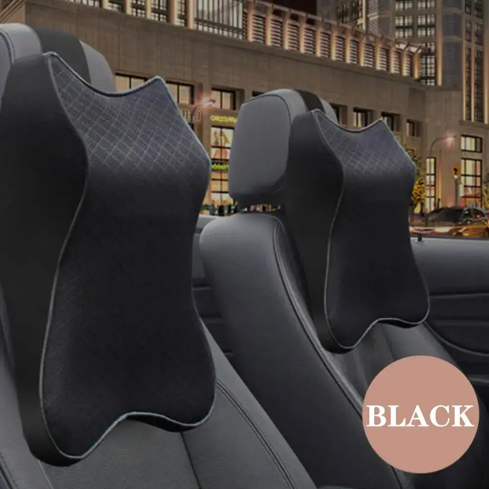 Black leather memory foam car pillow for enhanced comfort and luxury style on car seats, ideal for commuting and road trips.