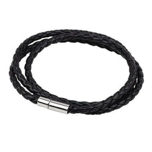 Load image into Gallery viewer, Black PU braided leather bracelet with metallic clasp, vegan and imported, showcasing durable craftsmanship for fashion-forward style.
