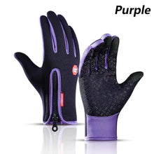 Cargar imagen en el visor de la galería, Purple waterproof winter gloves with phone touch capability, featuring grip texture and zip closure, perfect for cold weather use.
