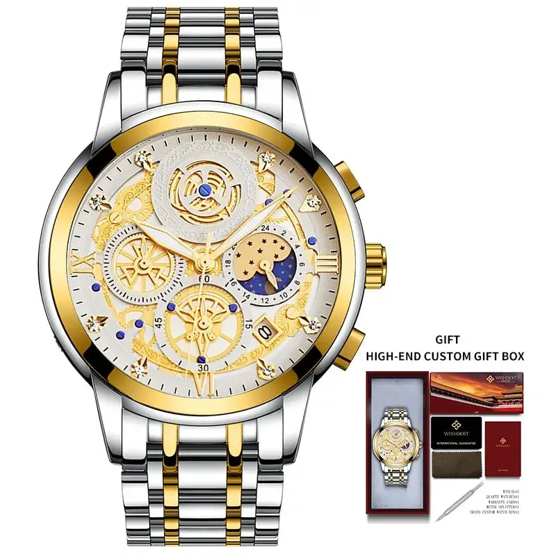 Men's stainless steel watch with gold accents, 42mm dial; includes custom gift box, ideal for modern gentlemen seeking style and function.