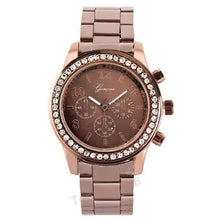 Load image into Gallery viewer, Luxury Women&#39;s Geneva Watch with crystal-encrusted bezel, elegant rose gold finish, and precise chronograph design.
