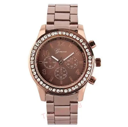 Luxury Women's Geneva Watch with crystal-encrusted bezel, elegant rose gold finish, and precise chronograph design.