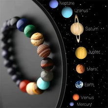 Load image into Gallery viewer, Alt Tag: Eight Planets Natural Stone Bracelet with Blue Sand Stone, Red Agate, Tiger Eye, Lapis Lazuli, Yellow Jade in cosmic design.
