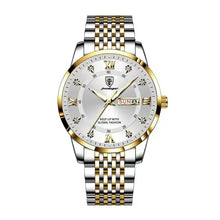 Load image into Gallery viewer, Men&#39;s stainless steel watch with gold accents, featuring a sleek design and day-date display, ideal for modern gentleman style.
