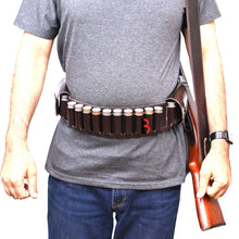 Cargar imagen en el visor de la galería, Cowhide Leather Shotshell Bandolier Belt Shotgun Shell Belt Ammunition Carrier worn by person holding a shotgun.
