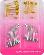 Load image into Gallery viewer, Gold and silver heavy duty safety pins for sewing and crafts, displayed on pink packaging.

