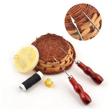 Load image into Gallery viewer, eZthings Tailors Awl Repair Tool Kit with basket, including awl, needle set, thread spool, thimble for arts and crafts sewing projects.

