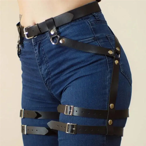 Leather sword belt waist garter on jeans, showcasing adjustable straps and metal buckles for a medieval fantasy look.