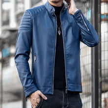 Load image into Gallery viewer, Men&#39;s blue vegan leather motorcycle jacket with stylish quilted shoulders and zippered pockets, perfect for all-weather riding.
