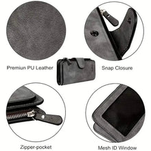 Charger l'image dans la galerie, Vintage Faux Leather Long Wallet – Trifold Credit Card Holder with Snap &amp; Zipper
