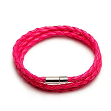 Load image into Gallery viewer, Pink PU braided leather bracelet with metal clasp, colorful fashion accessory, vegan leather, durable and stylish design.
