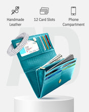 Cargar imagen en el visor de la galería, Genuine Leather Accordion Clutch Wallet – Zip Coin Pocket, RFID Blocking
