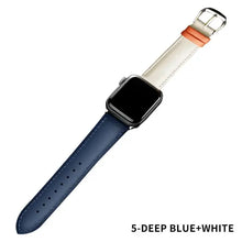 Charger l&#39;image dans la galerie, Deep blue and white leather band for Apple Watch Series 1-5, elegant strap with a modern design.
