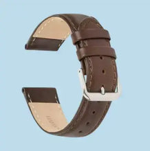 Load image into Gallery viewer, Brown leather watch band crafted from Italian top grain calf skin with semi-glossy finish and hand-stitched edges on a blue background.
