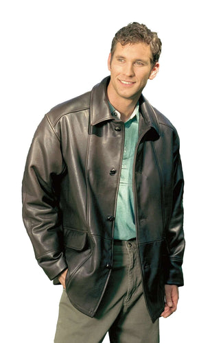 REED Men's Premium Four Button Car Coat Leather Jacket in brown, featuring a classic design and quality leather craftsmanship.
