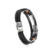 Cargar imagen en el visor de la galería, Classic hand woven multi-layered vegan leather men&#39;s bracelet with musical notes design, sleek black with silver accents.
