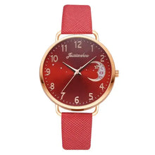 Cargar imagen en el visor de la galería, Gold moon dial watch with red strap, featuring celestial design and elegant numerals, part of the Moon Bracelet &amp; Watch Set.
