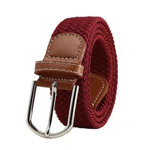 Load image into Gallery viewer, Alt Tag: Elastic vegan leather belt with alloy buckle in deep red, offers comfort and style, perfect accessory for modern fashion.
