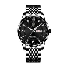 Load image into Gallery viewer, Men&#39;s stainless steel watch with black dial and day display, featuring Roman numerals and sleek design for modern style.
