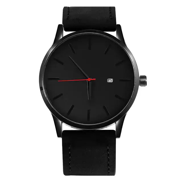 Sleek black leather quartz watch with vegan strap, featuring minimalistic design and reliable precision for timeless elegance.