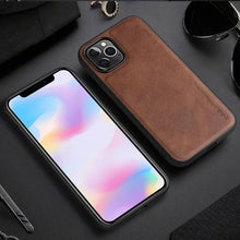 Load image into Gallery viewer, Luxurious brown leather iPhone case showcasing elegance and durability, premium protection against drops and scratches.

