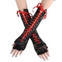 Charger l&#39;image dans la galerie, Elegant black lace elbow-length half-finger gloves with red ribbon, perfect for adding glamour and sophistication to any outfit.
