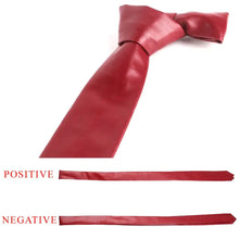 Load image into Gallery viewer, Red polyurethane leather tie for men with elegant design, showcasing both tied and untied views, vegan and imported.
