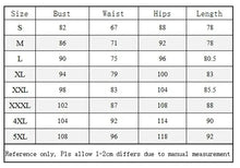 Load image into Gallery viewer, Size chart for women&#39;s sexy wetlook Pu faux leather lingerie dress, showing bust, waist, hips, and length measurements from S to 5XL.
