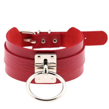 Load image into Gallery viewer, Red leather choker bandage collar with metal buckle and ring, perfect for adding edginess and sophistication to any outfit.
