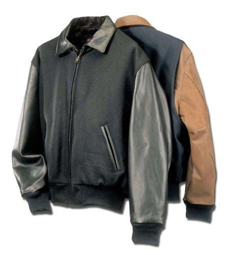A men's executive varsity jacket with leather sleeves and a wool body, featuring a collar and pockets, in a color block style.