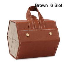 Cargar imagen en el visor de la galería, Brown 6-slot portable eyeglasses storage case in PU leather, featuring a sleek design with durable stitching and easy-carry handles.
